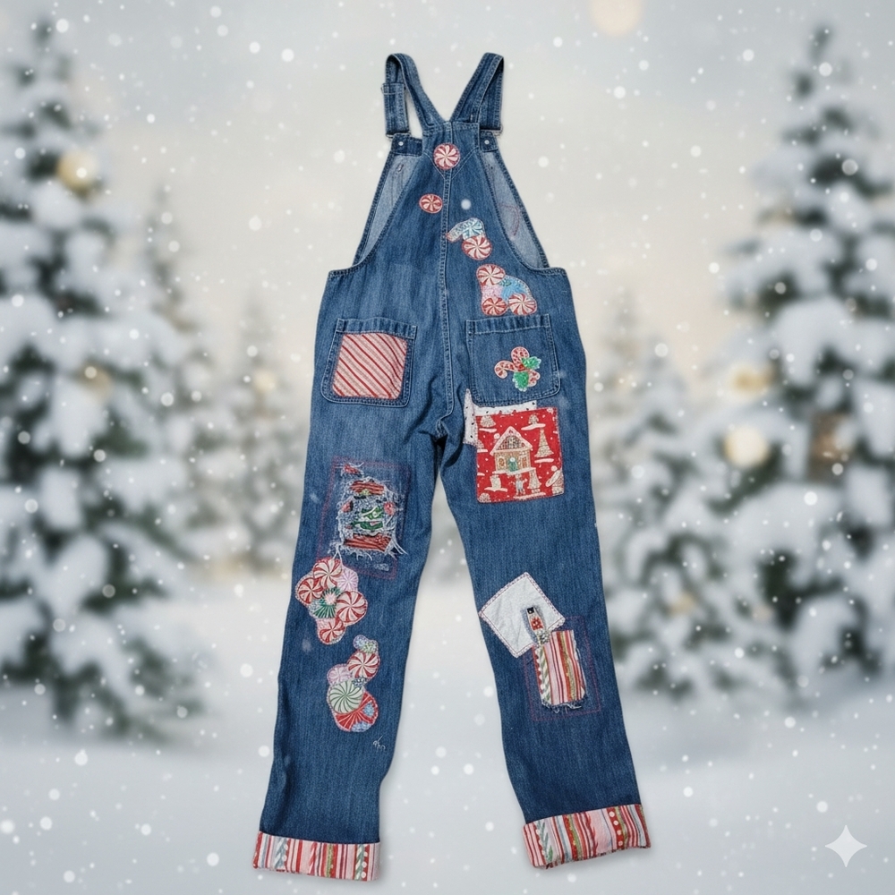 Gap Upcycled Custom Holiday Patchwork Overalls Xs… - image 3